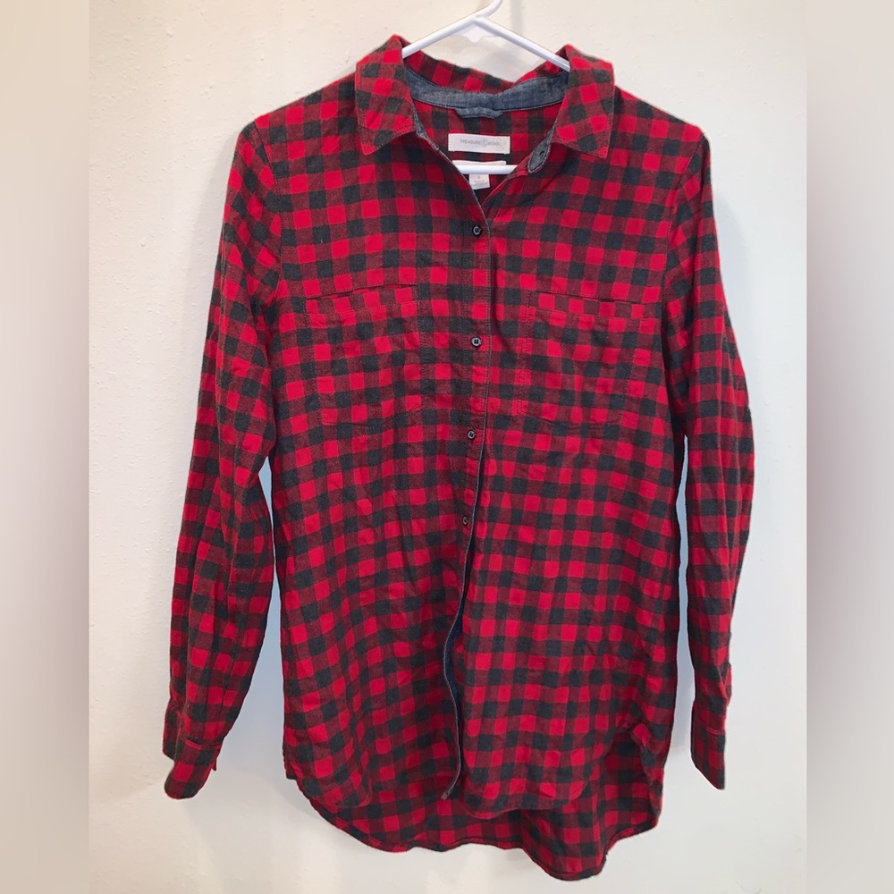 (S) NWOT Treasure & Bond Red/Black Plaid/Flannel Button Down Long Sleeve Tee